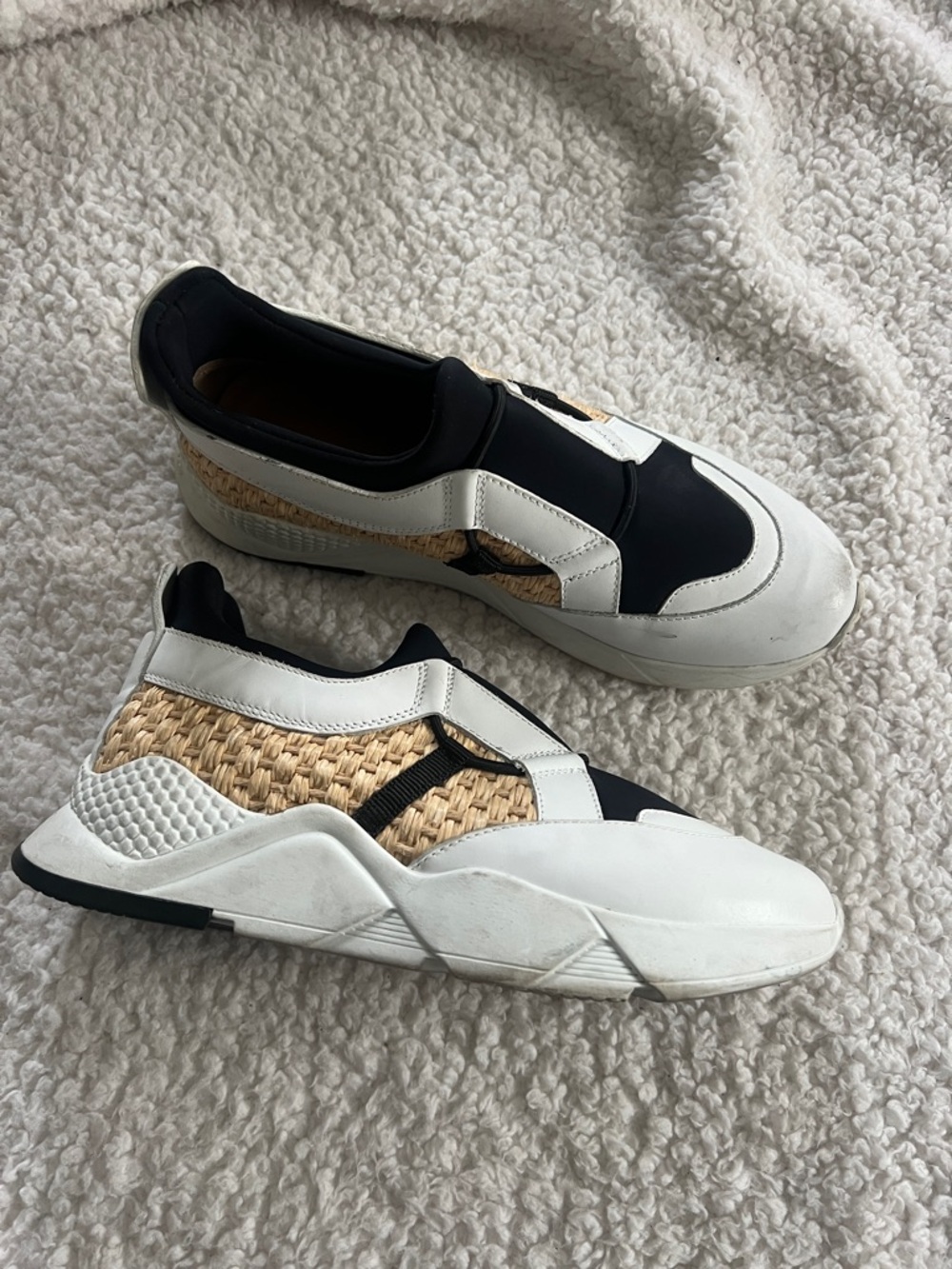Women’s Black and Natural Slip-On Woven Panel Sneakers